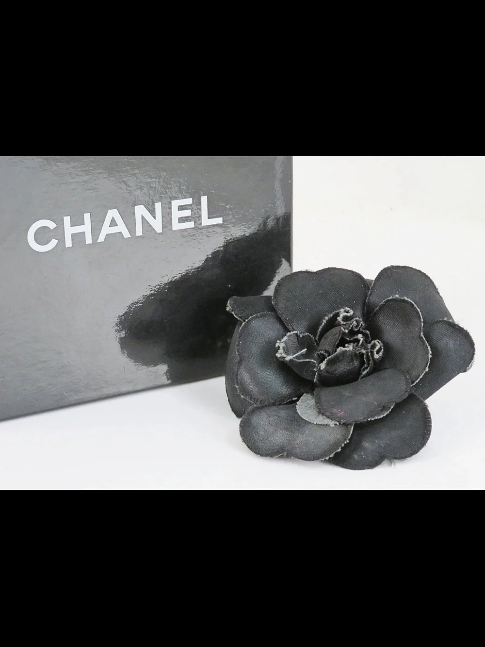 CHANEL Black Camellia Fabric Flower Pin